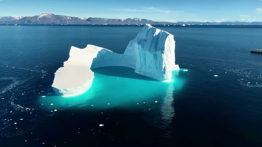 A massive iceberg with an archway shape drifts in the clear, turquoise arctic waters, reflecting the bright sky and distant snow-capped mountains