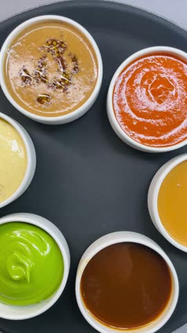 colorful sauce bowls on tray with bright red puree, orange coulis and vivid green cream, glossy chocolate brown dip and pale mustard cream, food stylist Video taken on mobile device.