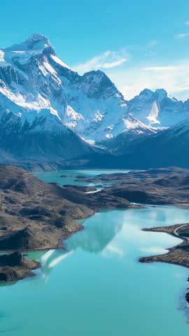 National Park Of Torres Del Paine In Punta Arenas Chile. Snowy Mountains. Glacial Scenery. Punta Arenas Chile. Winter Travel. National Park At Torres Del Paine In Punta Arenas Chile.