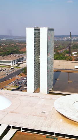 Aerial landscape of National Congress building at downtown Brasilia Brazil. Cityscape of downtown capital city of the country.