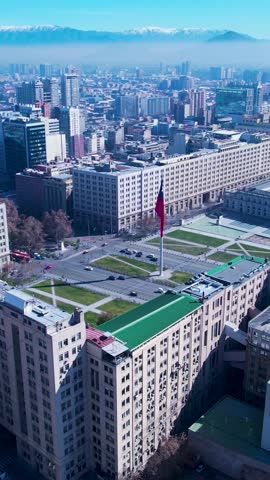 Aerial landscape of Santiago Chile near Andes Mountains. Touristic landmark. City life scenery Santiago Chile. Travel destinations. Vacations travel. Cityscape of Santiago Chile.
