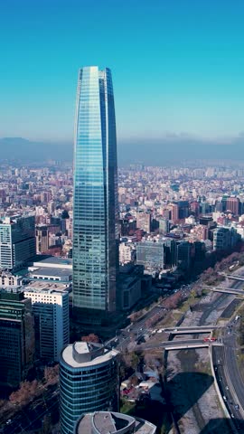 Aerial landscape of Santiago Chile near Andes Mountains. Touristic landmark. City life scenery Santiago Chile. Travel destinations. Vacations travel. Cityscape of Santiago Chile.