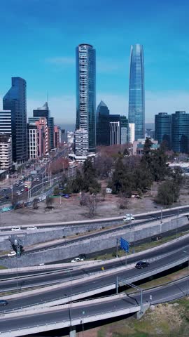 Aerial landscape of Santiago Chile near Andes Mountains. Touristic landmark. City life scenery Santiago Chile. Travel destinations. Vacations travel. Cityscape of Santiago Chile.