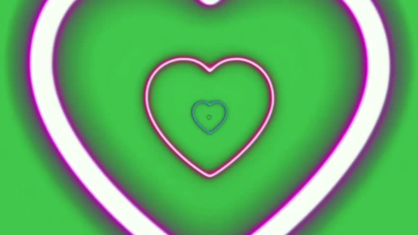 Love tunnel on green screen, chroma key heart shape neon background, 4K Valentine’s Day animation, perfect for romantic video overlays and festive projects.
