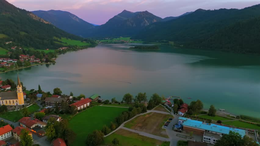 Aerial view of Lake Schliersee in the Bavarian alps in Germany. Luftaufnahme Schliersee ist ein See in den bayerischen Alpen im Landkreis Miesbach, Deutschland. Drone view Lake Schliersee at summer. 
