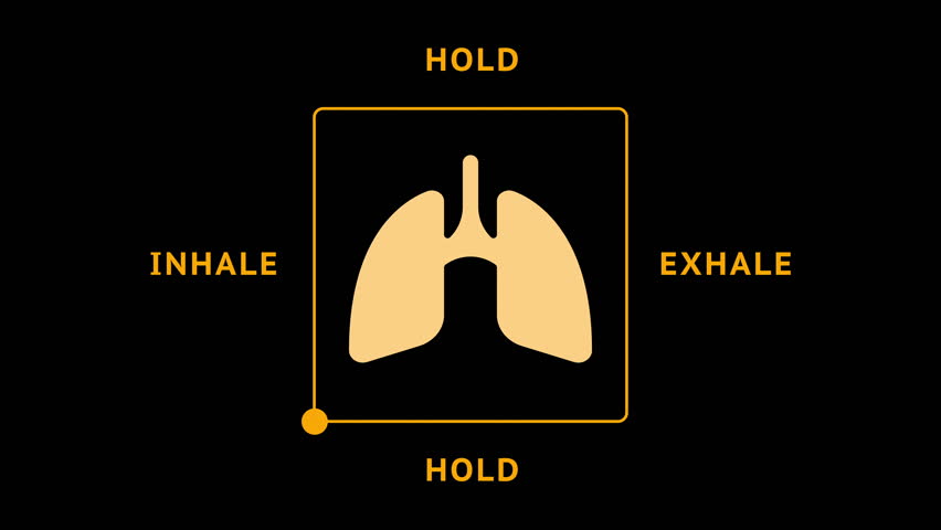 Minimal breathing exercise animation showing inhale, hold, and exhale cycle with lungs icon on black background. Concept for relaxation, mindfulness, and meditation. 4K