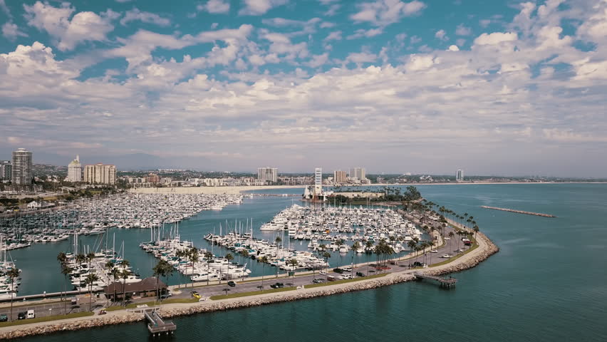 Long Beach Harbor boats, Blue Sky and Clouds, California, 4K Aerial, Los Angeles and Southern California Beaches