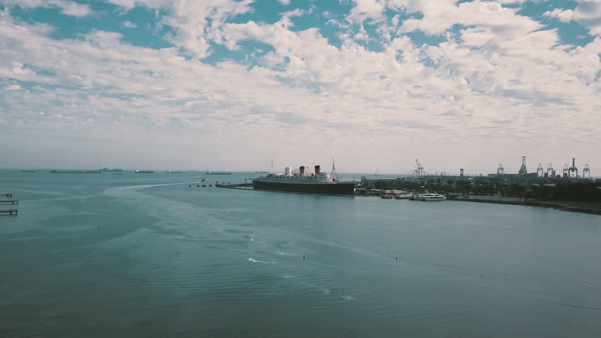 Long Beach Harbor, Blue Sky and Clouds, California, 4K Aerial, Los Angeles and Southern California Beaches