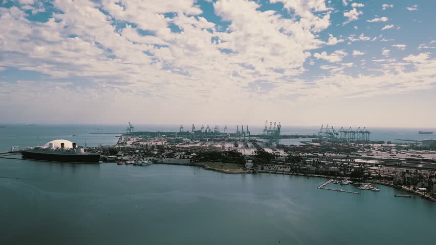 Long Beach Harbor boats and Lighthouse, Blue Sky and Clouds, California, 4K Aerial, Los Angeles and Southern California Beaches