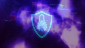 Purple nebula revealing shield icon, arcs sweeping, fingerprint scanning, visualizing security. Badge, padlock, biometric, encryption, cyber, data, privacy - Powered by Shutterstock - Get 15% off with code: PIKWIZARD15