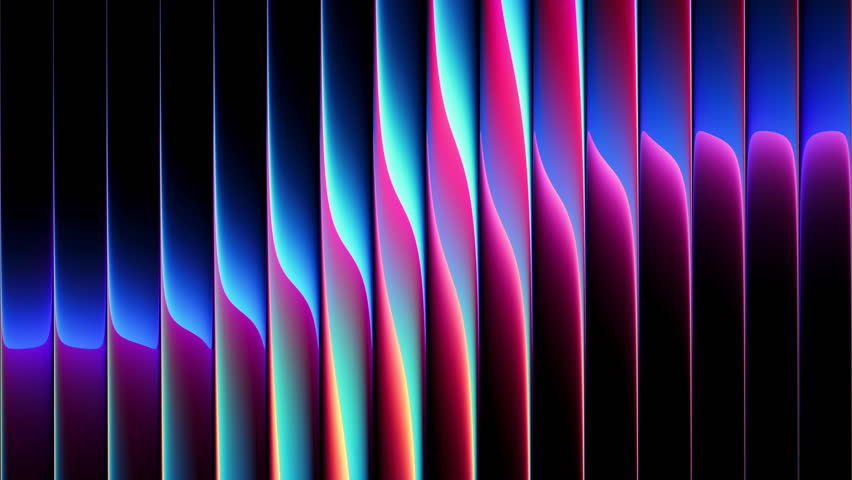 Vibrant refracted light flowing behind ribbed glass surface with smooth glowing neon gradients and futuristic vertical waves. Neon reflections rippling along layered glass ridges. Luminous flowing waves of refracted color sliding through ribbed glass layers for creative branding, visualizers, digital displays, artistic intros, motion graphics, stylish promos, multimedia installations, and futuristic design themes. Seamless loop. 4K