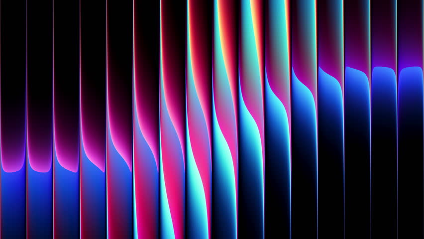 Vibrant refracted light flowing behind ribbed glass surface with smooth glowing neon gradients and futuristic vertical waves. Neon reflections rippling along layered glass ridges. Luminous flowing waves of refracted color sliding through ribbed glass layers for creative branding, visualizers, digital displays, artistic intros, motion graphics, stylish promos, multimedia installations, and futuristic design themes. Seamless loop. 4K