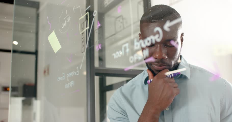 Man holding purple marker scanning glass panel tracing laptop icon AR hexes reacting for finance. Office, analyst, modern, holographic, interface, notes, barrier