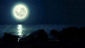 Bright Full Moon Rising Over Ocean with Moonlight Reflection on Water Waves and Rocks - Powered by Shutterstock - Get 15% off with code: PIKWIZARD15