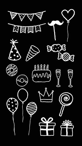 Hand drawn white party and birthday doodle set on transparent background for overlay. Alpha channel included.