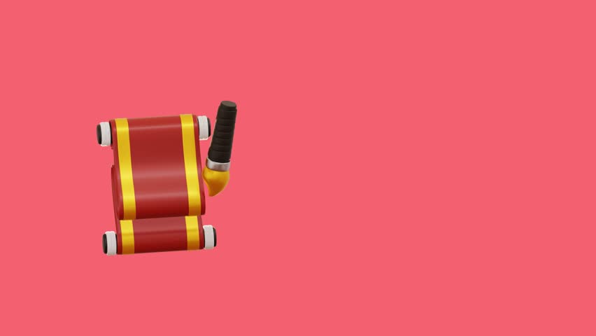 Traditional Chinese scroll unrolling with a brush writing the gold Fu character for prosperity and luck, 4K animation on a red background.