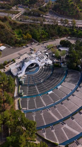 Vertical aerial view of Hollywood Bowl Amphitheatre in Los Angeles, California, March 20, 2025