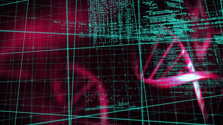 Animation of computer data with grid and rotating dna helix. Multiple exposure, composite, health technology, science, artificial intelligence, blockchain, computer language, identity, microbiology.