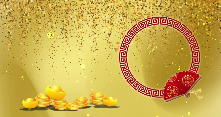 Chinese New Year | Lunar New Year | The Year of Horse - Horse with Firecrackers behind Scattered Gold Coins, beside Rotating Circle Ornament with a Fan on It. Chinese Translation: "Happy New Year and Best Wishes for Prosperity." • sstkLunarNewYear