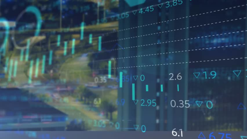 Animation of statistical and stock market data processing against aerial view of city traffic. Global economy and business data technology concept