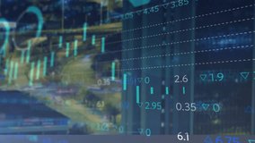 Animation of statistical and stock market data processing against aerial view of city traffic. Global economy and business data technology concept - Powered by Shutterstock - Get 15% off with code: PIKWIZARD15