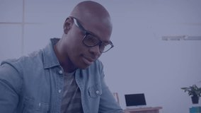 Animation of interface with data processing over african american man using digital tablet at office. Computer interface and business technology concept - Powered by Shutterstock - Get 15% off with code: PIKWIZARD15