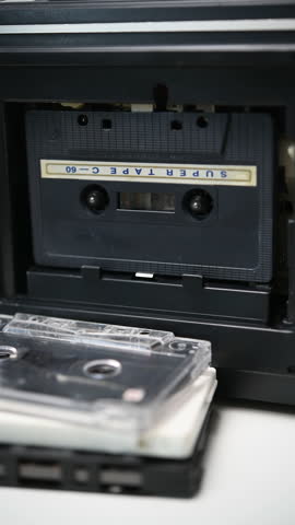 An old audio cassette plays in a cassette player from the 90s.