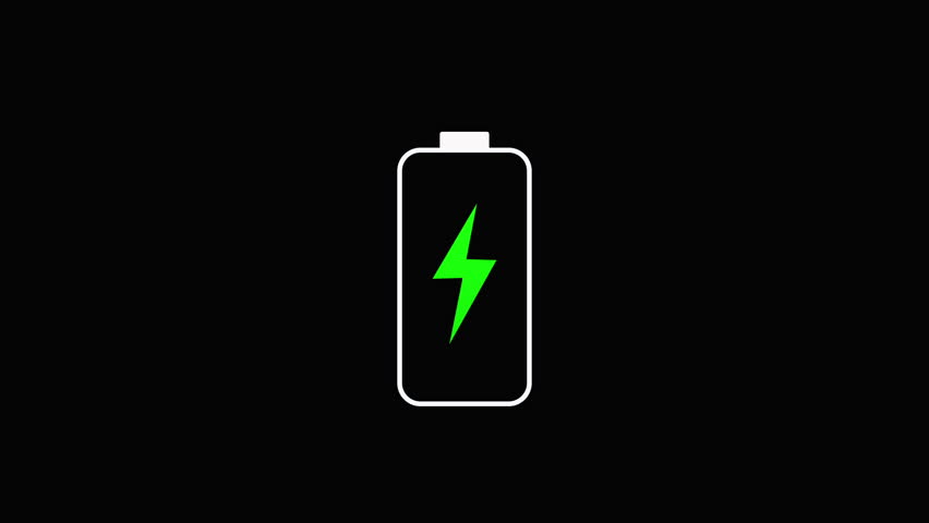 Battery Icon with Green Lightning Bolt on Black Background Looping Motion Animation