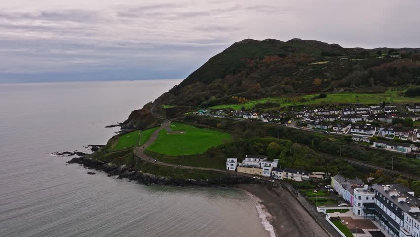 Wide Aerial Panorama of Bray Head, Sea and Town in Ireland