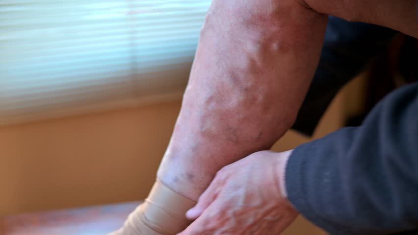 Close-up of an elderly man's hands putting on a compression stocking for lymphedema.