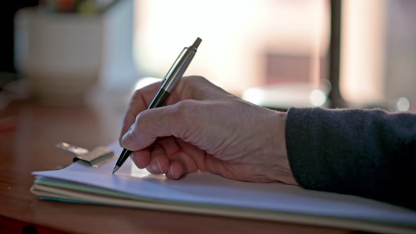 Close-up of a hand holding a pen, poised to write on blank paper at a wooden desk, with a binder clip and softly blurred background.