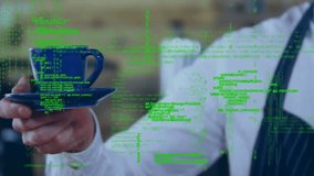 Animation of data processing over man holding cup of coffee. global retail, technology and data processing concept digitally generated video. - Powered by Shutterstock - Get 15% off with code: PIKWIZARD15