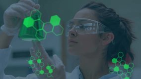 Animation of scientific data processing over caucasian female scientist with beaker. global science, research and data processing concept digitally generated video. - Powered by Shutterstock - Get 15% off with code: PIKWIZARD15
