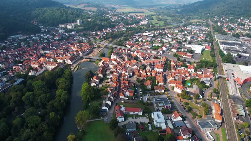 Aerial view around the old city of Rotenburg an der Fulda in Germany on a sunny morning day in summer