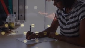 Animation of financial data processing and globe over woman writing. Global finance, business and data processing concept digitally generated video. - Powered by Shutterstock - Get 15% off with code: PIKWIZARD15