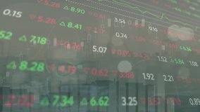 Animation of financial data processing over cityscape. Global finance, business, connections, computing and data processing concept digitally generated video. - Powered by Shutterstock - Get 15% off with code: PIKWIZARD15