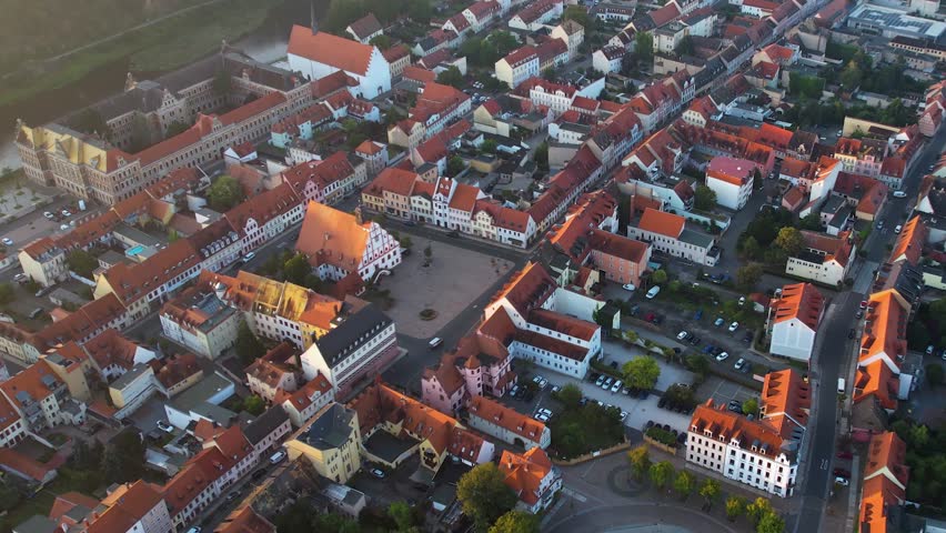 Aerial view around the old city of Grimma in Germany on a sunny morning day in summer	