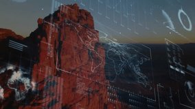 Animation of digital world map overlaying data on rocky mountain landscape. Global, technology, network, mapping, visualization, connectivity - Powered by Shutterstock - Get 15% off with code: PIKWIZARD15