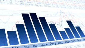 A professional motion graphic visualization of a blue bar chart showing monthly trends from April to December. The background features scrolling financial data, line graphs, and numerical stock market values, representing business analytics, economic forecasting, and investment growth. - Powered by Shutterstock - Get 15% off with code: PIKWIZARD15