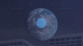Animation of connected icons over globe in circle and modern buildings against sky. Digital composite, multiple exposure, communication, globalization, architecture and technology concept. - Powered by Shutterstock - Get 15% off with code: PIKWIZARD15