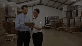 Network connections and data processing animation over business people in warehouse. Technology, networking, connectivity, logistics, digital - Powered by Shutterstock - Get 15% off with code: PIKWIZARD15
