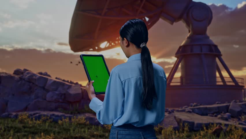 Back View Of An Asian Female Professional Worker Standing With Large Satellite Dish, Checking On Tablet With Green Screen And Look At The Factory Once