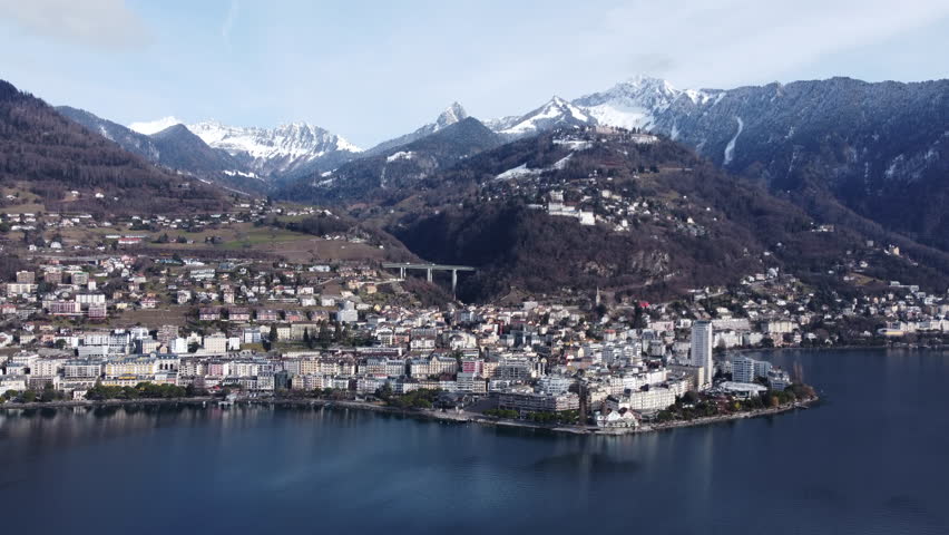 Aerial view of Montreux city along Lake Geneva in Switzerland