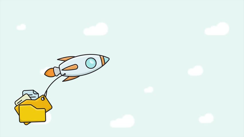 Cartoon Rocket Carrying Digital Files and Document Folder in the Sky