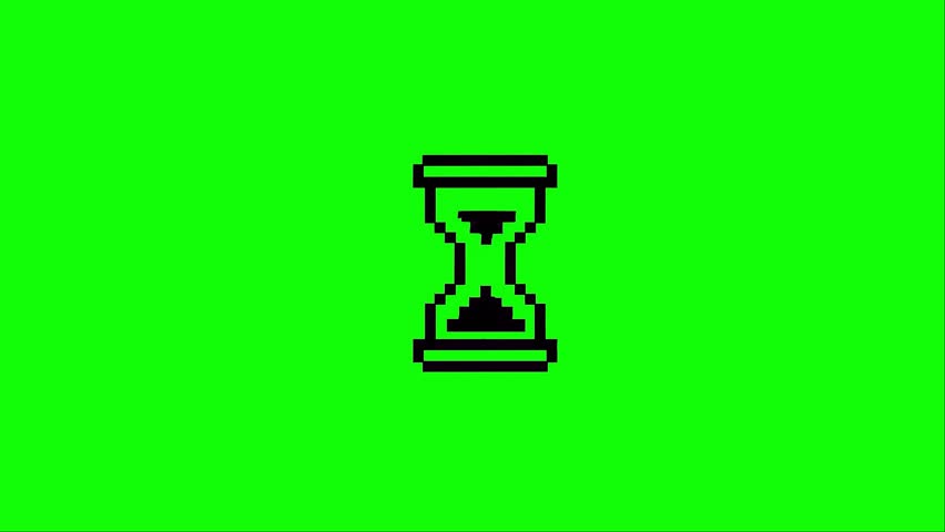An animated pixel art hourglass icon, representing a loading cursor or timer, with sand falling. This retro 8-bit style animation is on a green screen for easy chroma keying.