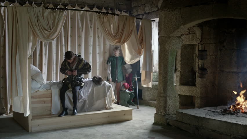 Inside a castle room, two people engage in conversation while another person stands nearby. A fire burns in the fireplace, creating warmth in the stone setting.