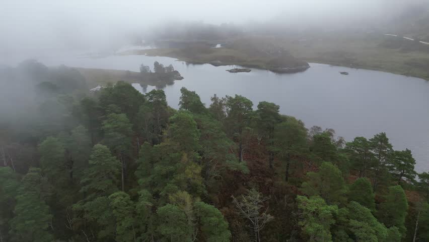 Slow aerial drone shot gliding over misty woodland and fog-covered loch, revealing small islands and calm water in atmospheric low cloud. Moody Scottish Highlands landscape with soft light and drifting fog.