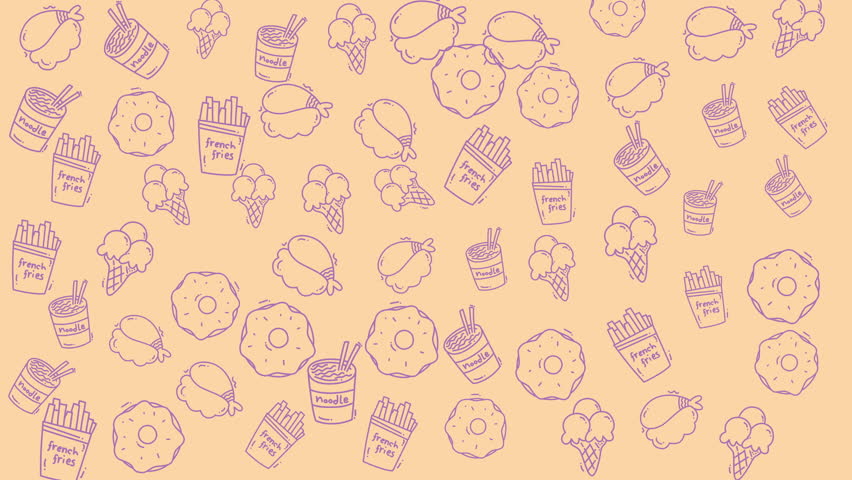 Food doodle art collection with handdrawn items like donuts, fries, and noodles for food blogs, culinary designs, or restaurant menus.
