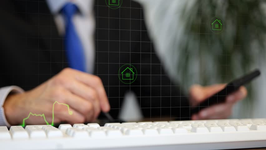 Real estate agent clicking rising graph on virtual screen, symbolizing increasing property prices and market growth