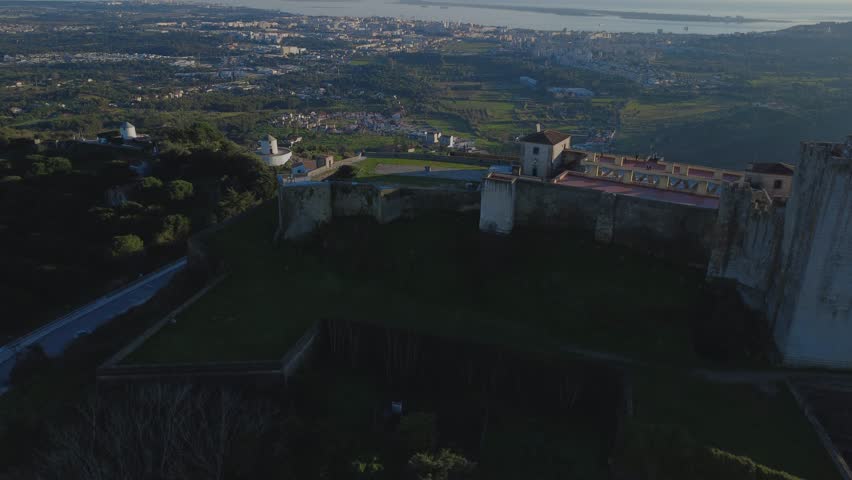 Aerial view of Palmela Castle, overlooking the city of Setúbal and the Sado River.